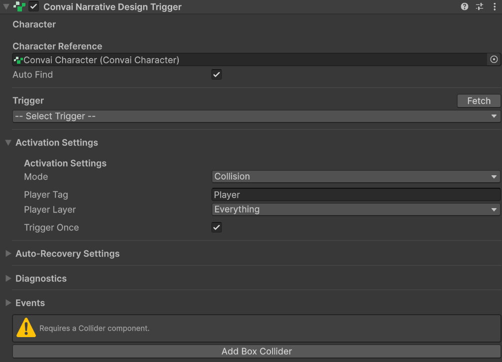 ConvaiNarrativeDesignTrigger added to an empty GameObject in the scene