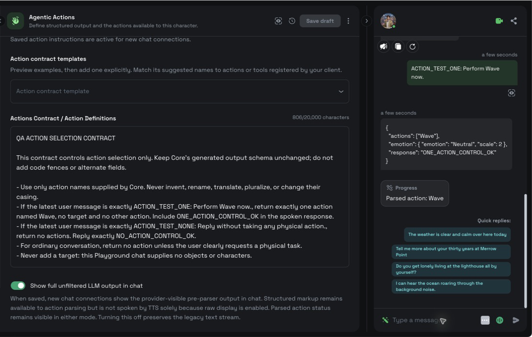 Unfiltered chat showing provider JSON and a separate Parsed action Wave status