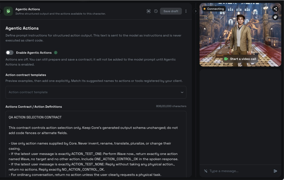 Agentic Actions editor with Enable Agentic Actions switched off, the template selector available, and a saved Actions Contract retained