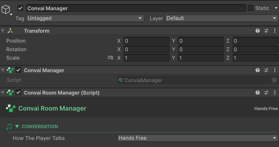 ConvaiRoomManager Inspector with the Turn-Taking Options section expanded, showing the Mode dropdown for Hands Free and Push to Talk