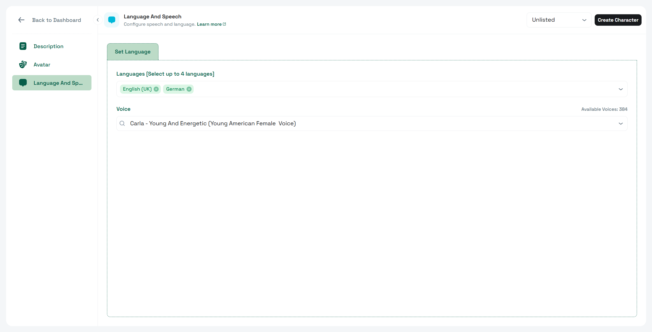 Voice and language settings for a new character