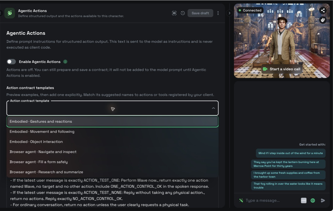 Agentic Actions template menu showing three embodied templates and three browser-agent templates