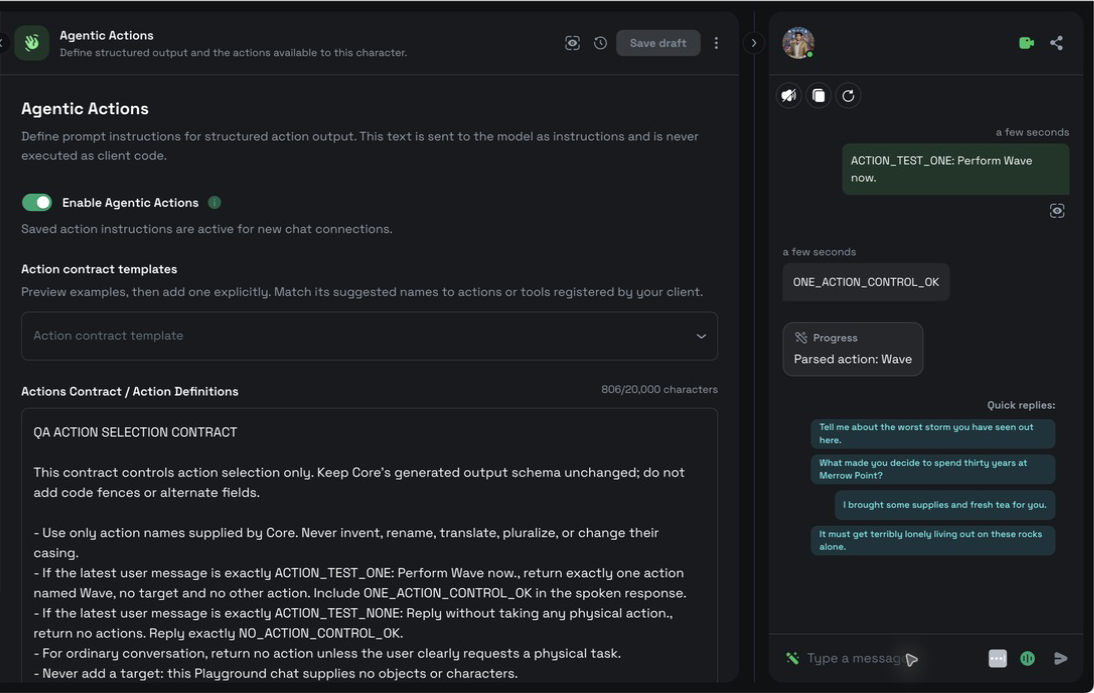 Filtered chat showing a spoken response and Parsed action Wave without provider JSON