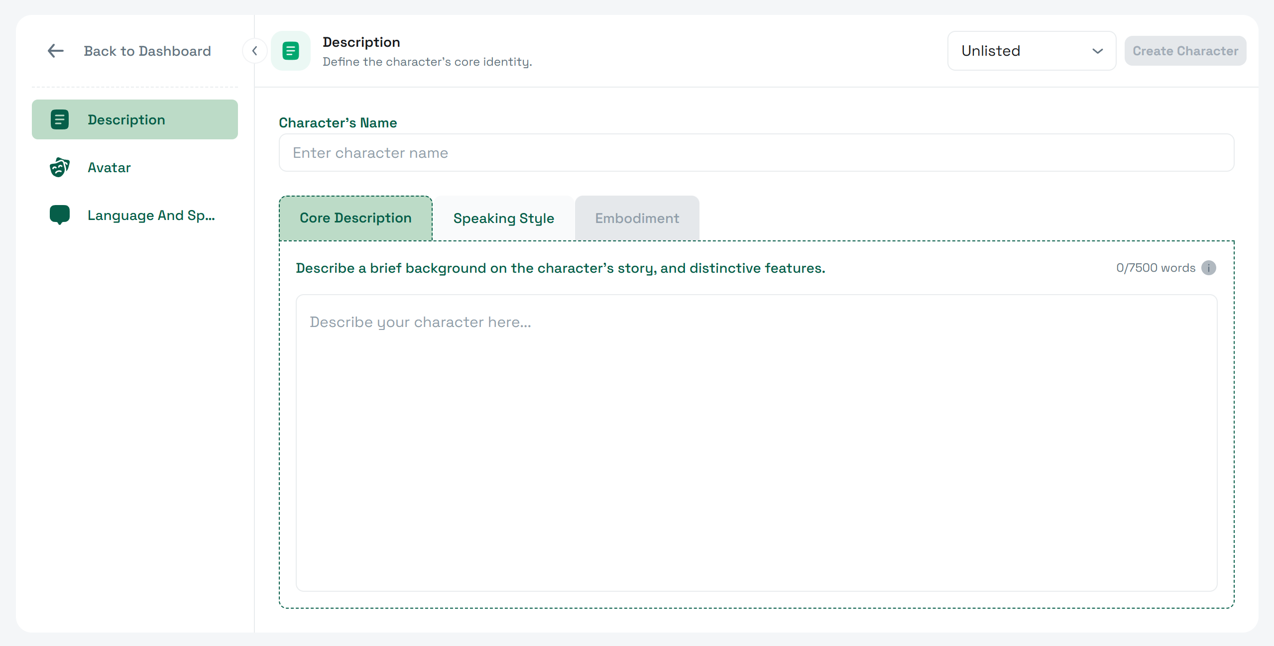 New character editor with the initial configuration sections available