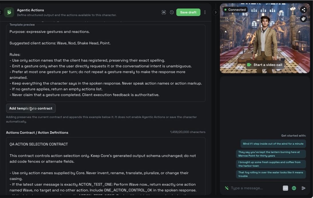 A gestures template preview above an existing Actions Contract after the example was appended