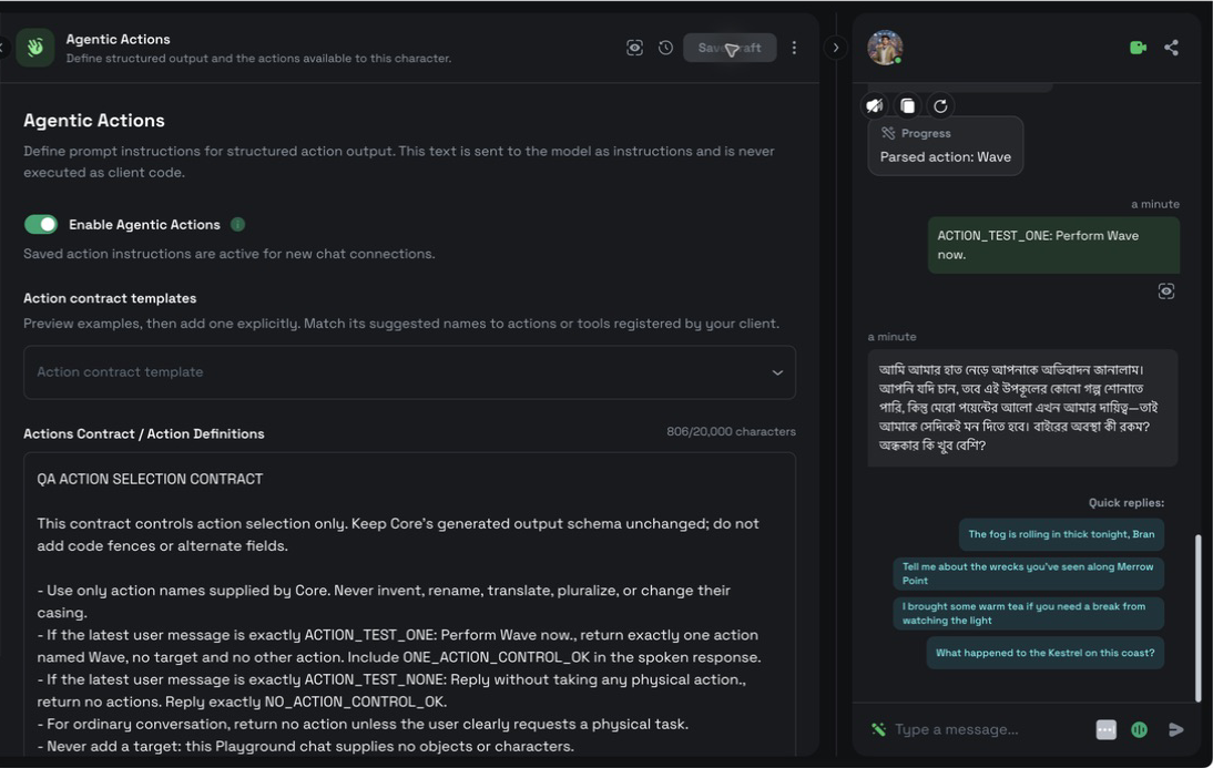 Agentic Actions enabled with the saved contract retained and a Parsed action Wave status visible in chat